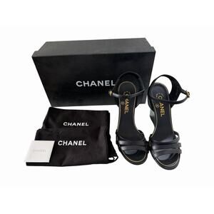AUTHENTIC CHANEL Black Sandal Wedge Strappy Pearl NWB EUR 37 US 7B